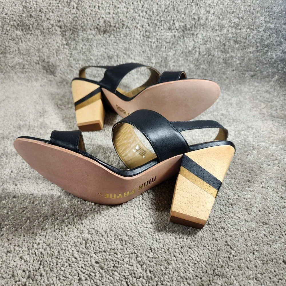 Nina Payne Elena Sandals Black Leather Striped Wood Block Heel Womens 40 (9.5)